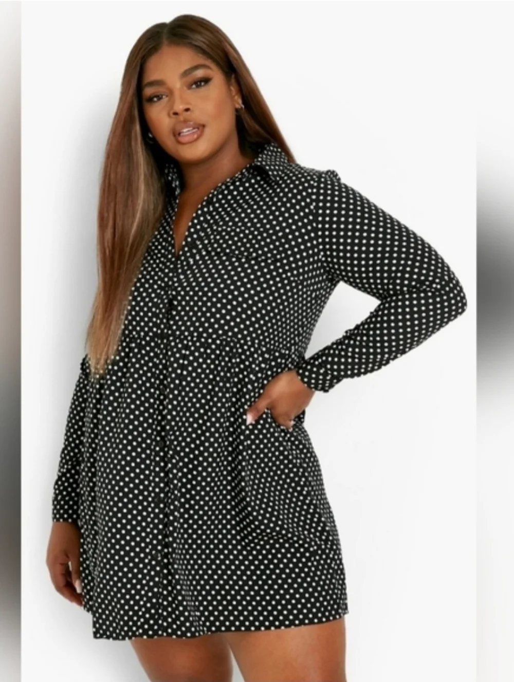 Boohoo Plus Size Black Polka Dot Long Sleeve Shirt Dress Size 22 - Picture 5 of 8